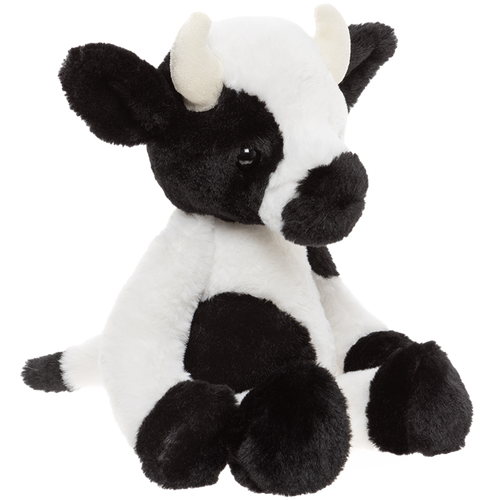 Plush cow toy with black and white pattern on a white background
