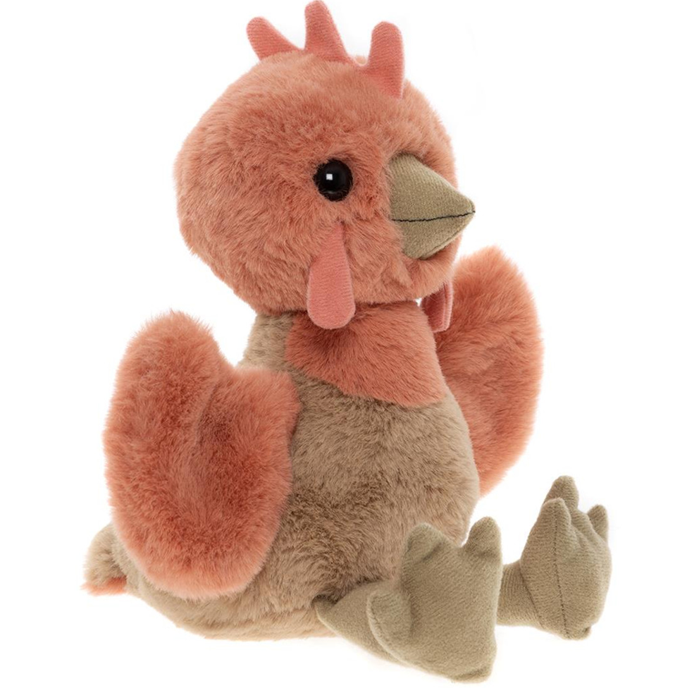 Plush toy chicken on a white background