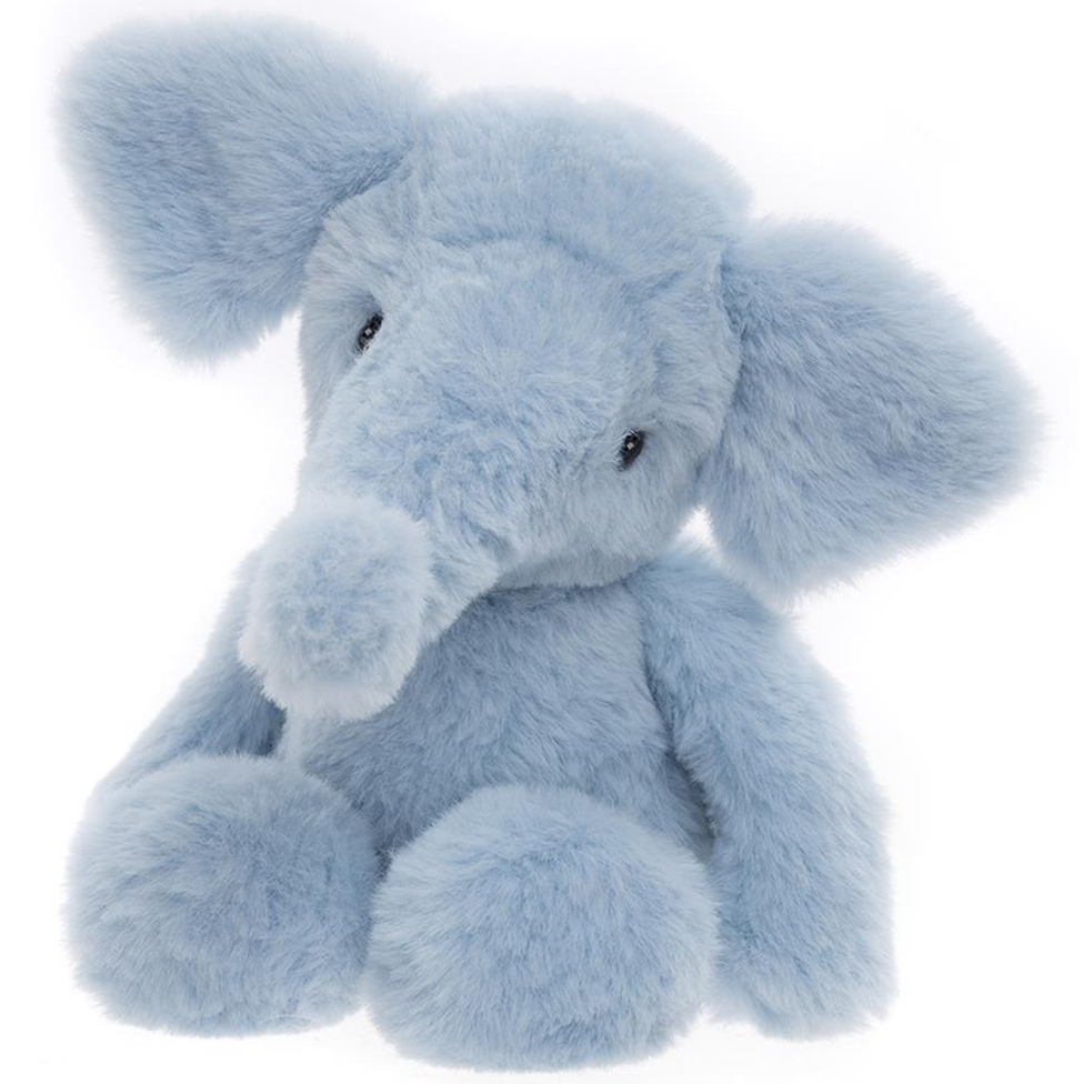 Blue plush elephant toy on a white background