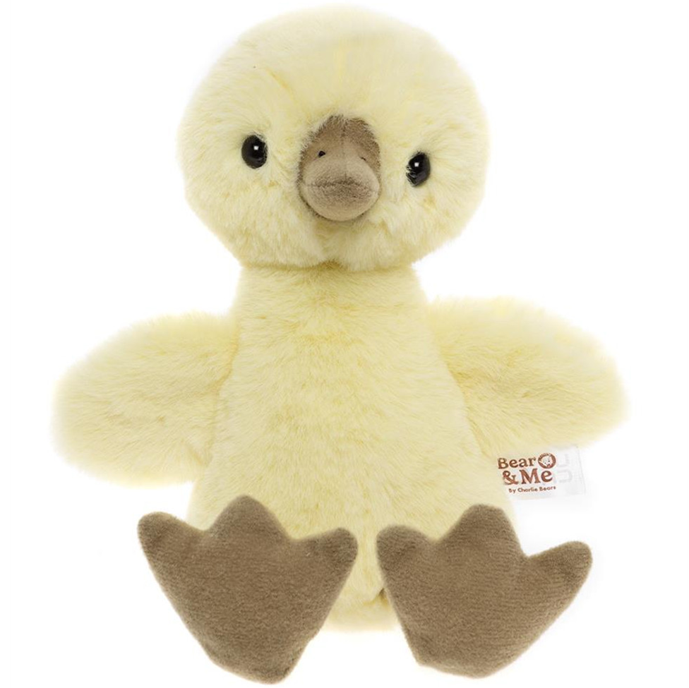 Plush duck toy with a visible brand label on a white background