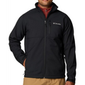 Black jacket with Columbia logo worn by a person on a white background