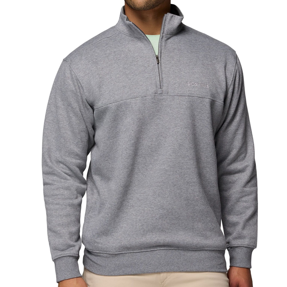 Gray pullover with a brand logo on a white background