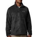 Person wearing a dark gray fleece jacket with Columbia logo on a white background