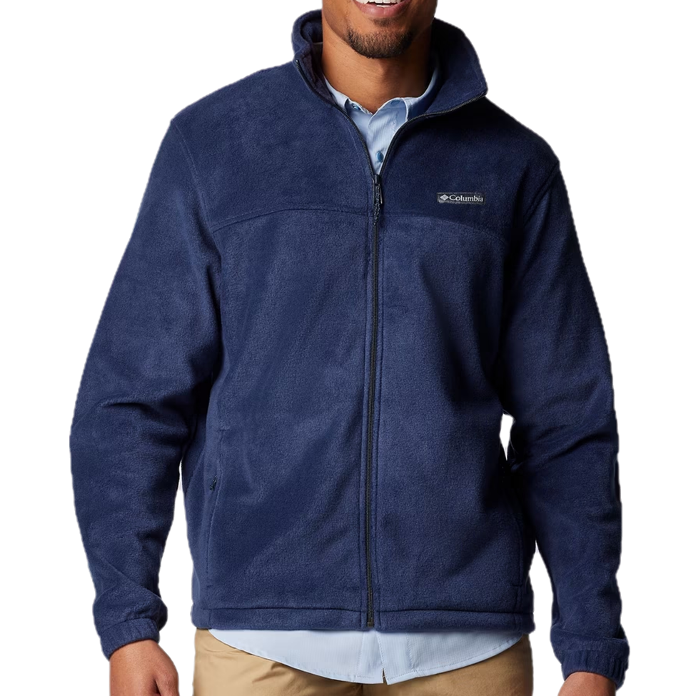 Man wearing a navy blue jacket with Columbia logo on a white background