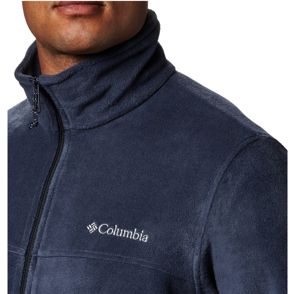 Navy blue fleece jacket with Columbia logo on a white background