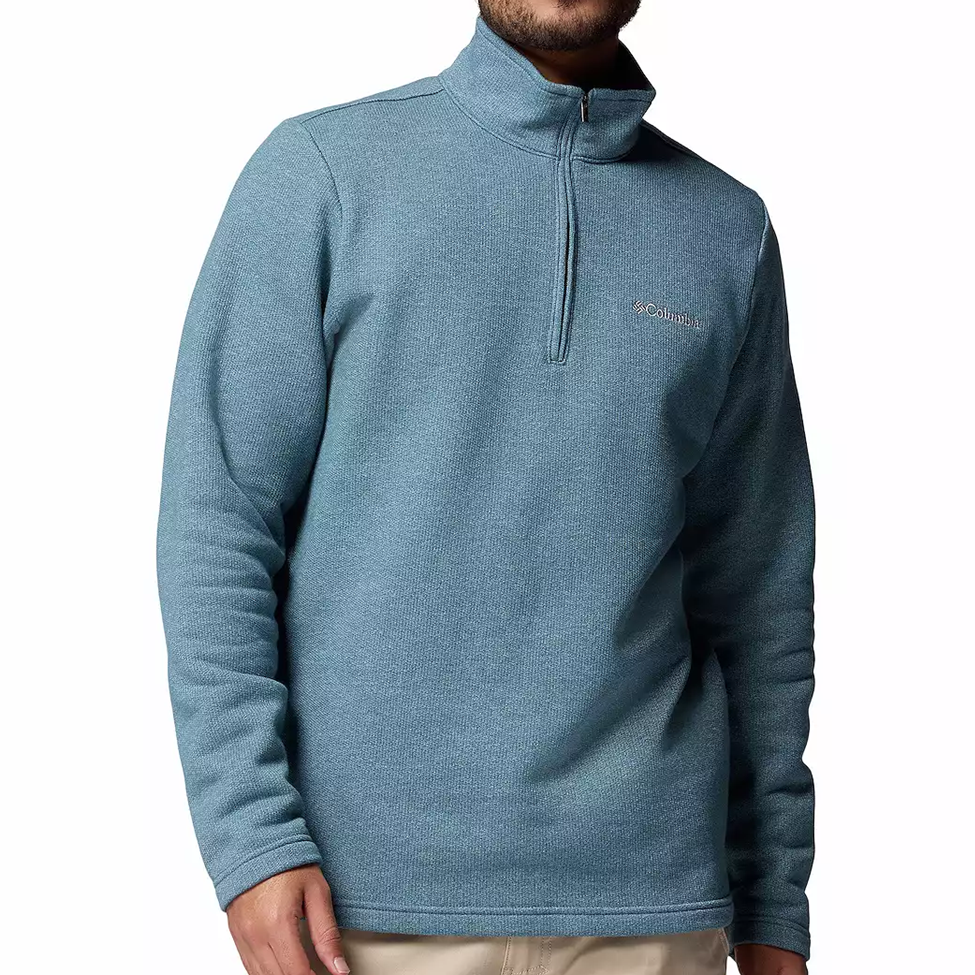 Blue pullover with a brand logo on a white background