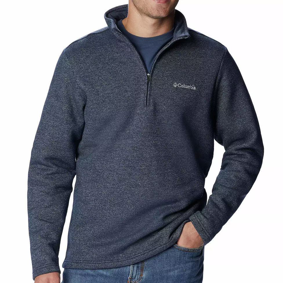 Navy blue pullover with Columbia logo on a white background