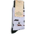 Socks with bear design and 'conscious step' packaging on a white background