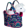Colorful bag with rainbow patterns and text, containing a white unicorn toy on a white background