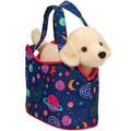 Plush toy bear in a space-themed bag on a white background