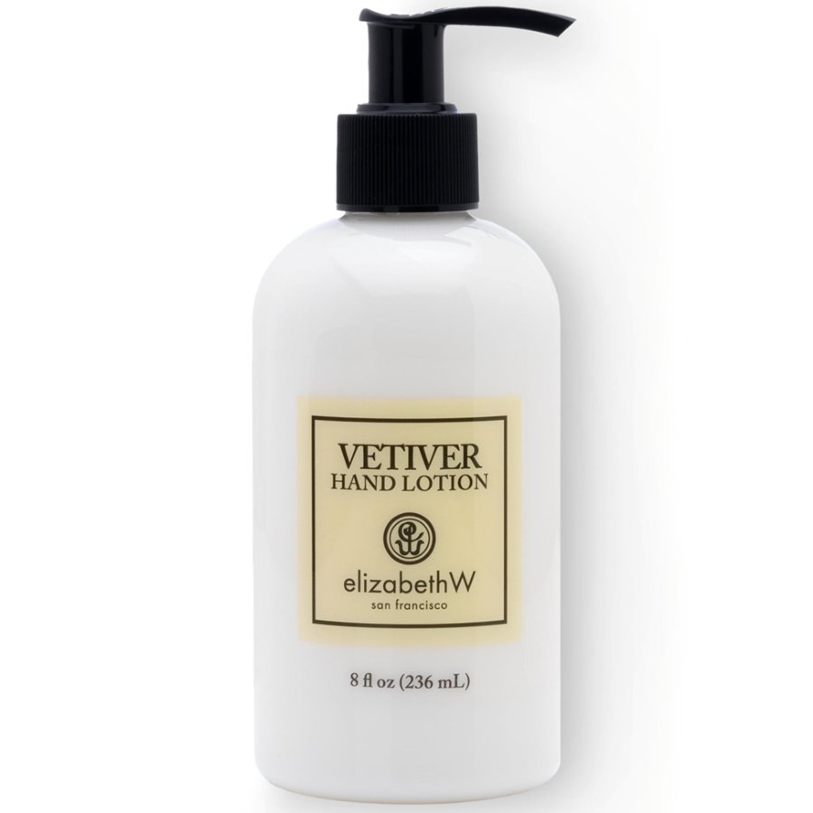 White lotion bottle with black pump and 'Vetiver Hand Lotion' label on a white background
