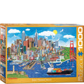 Puzzle box featuring a colorful illustration of San Francisco with the Golden Gate Bridge.