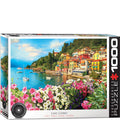 Jigsaw puzzle box featuring Lake Como with colorful buildings and flowers.