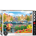 Jigsaw puzzle box featuring a scenic view of Amsterdam with colorful buildings and flowers.