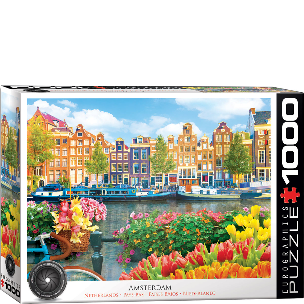 Jigsaw puzzle box featuring a scenic view of Amsterdam with colorful buildings and flowers.