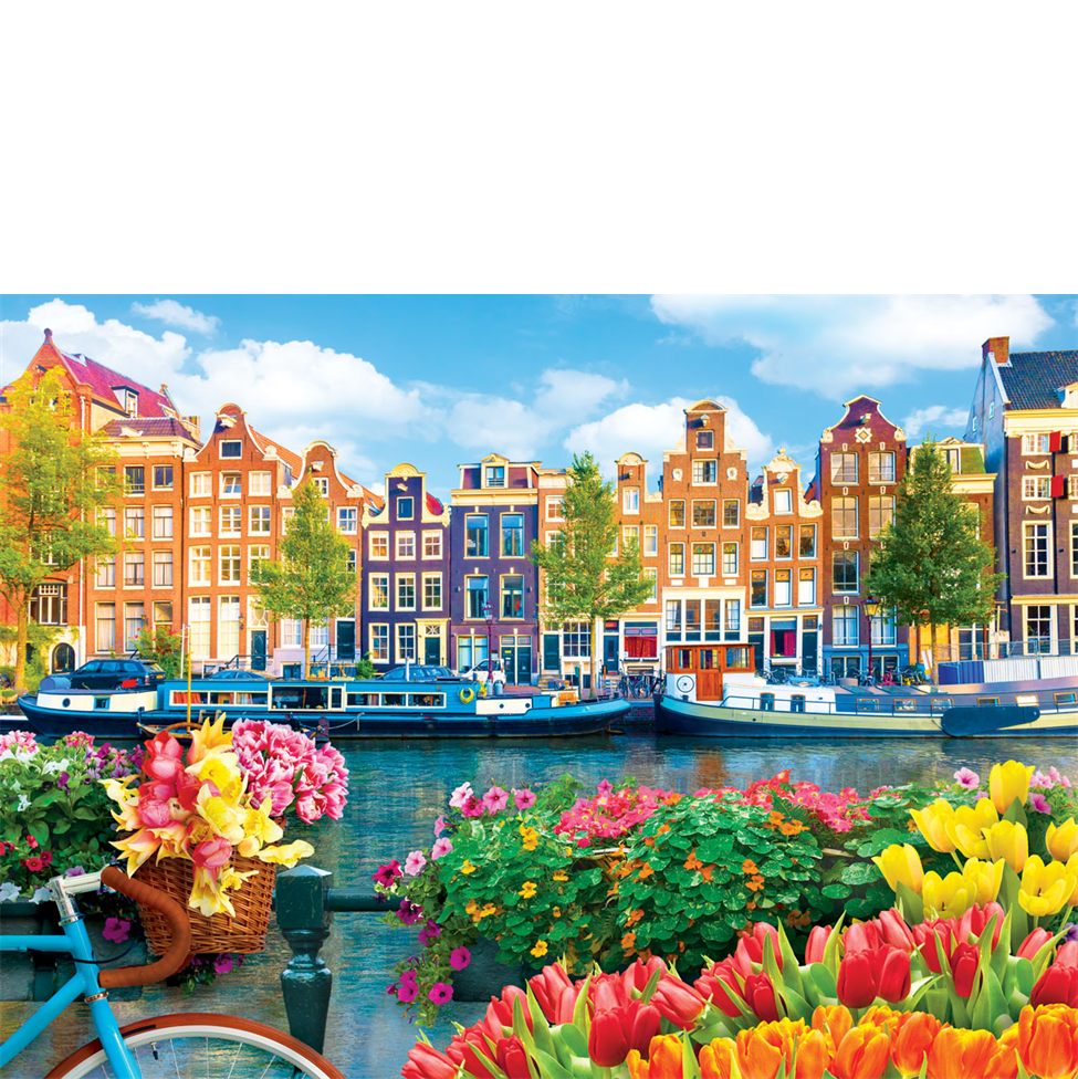 Colorful canal scene with flowers and traditional Dutch houses.