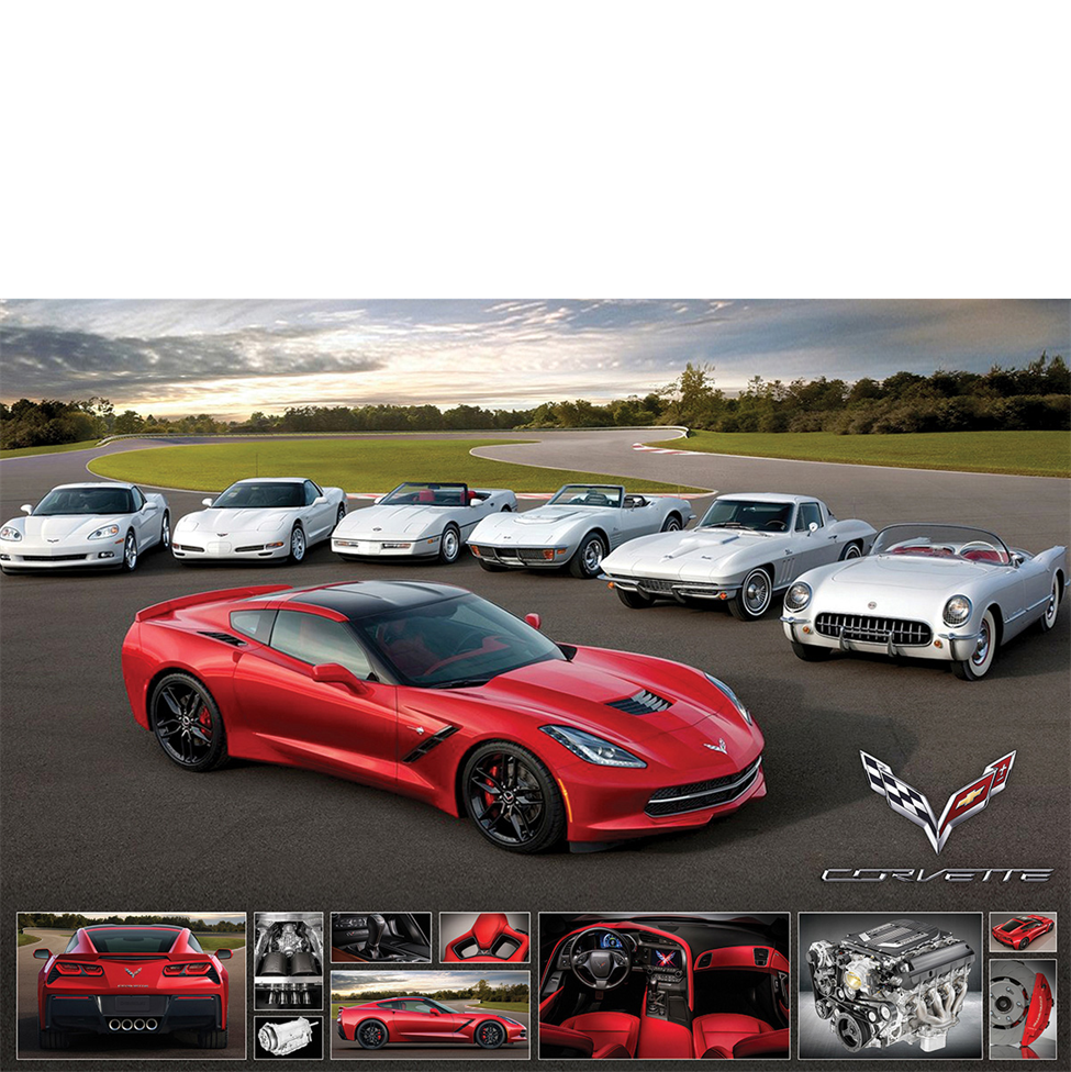 Collage of Corvette cars with a red car in the foreground on a racetrack.