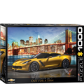 Jigsaw puzzle box featuring a yellow Corvette car with a cityscape background
