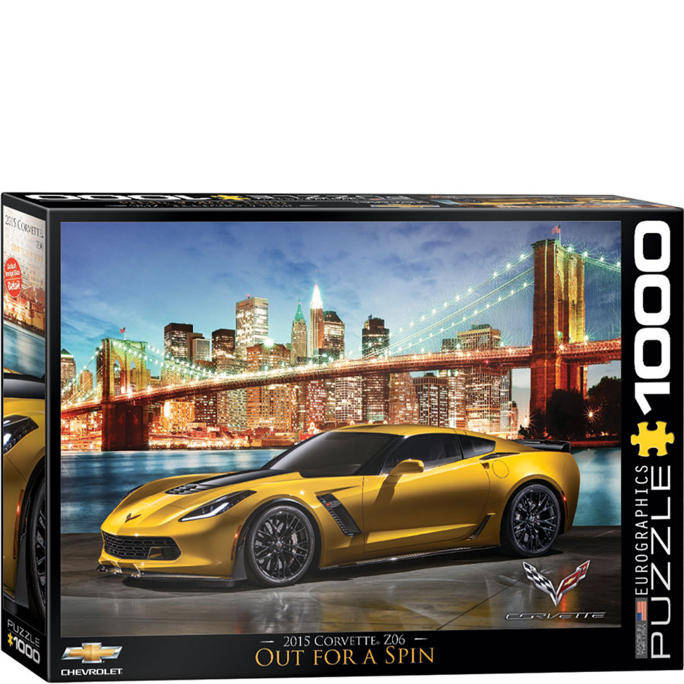 Jigsaw puzzle box featuring a yellow Corvette car with a cityscape background