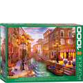 Jigsaw puzzle box featuring a scenic view of a canal in Venice with buildings and a gondola.