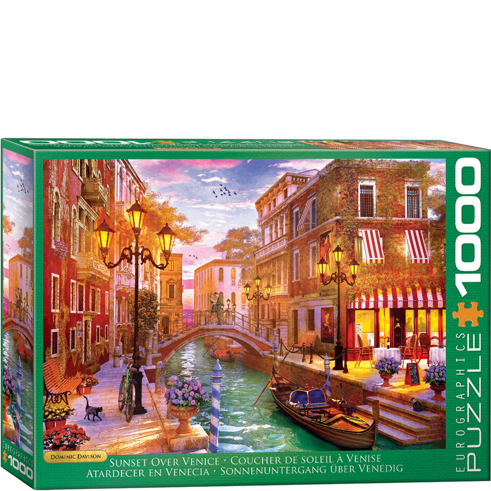 Jigsaw puzzle box featuring a scenic view of a canal in Venice with buildings and a gondola.