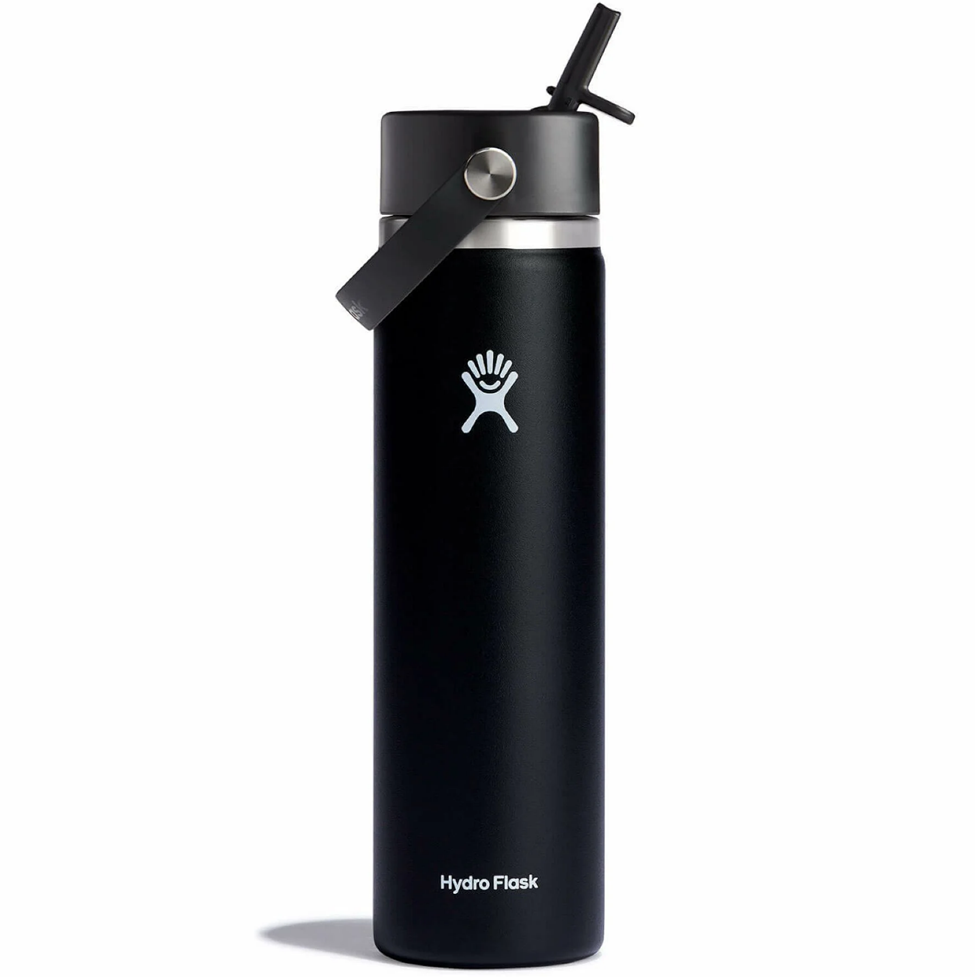 Black Hydro Flask water bottle with straw lid on a white background