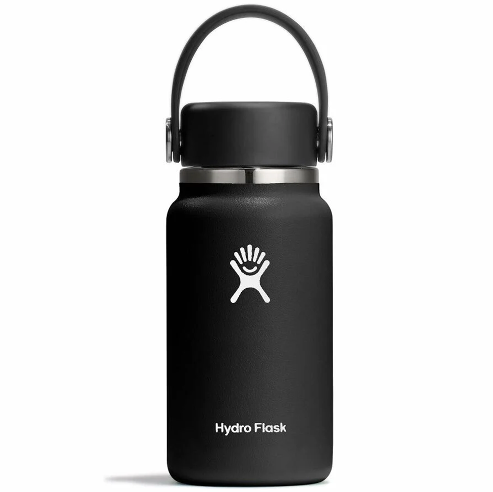 Black Hydro Flask water bottle with a white logo on a white background