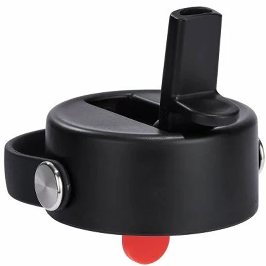 Black plastic component with a red button and silver button on a white background