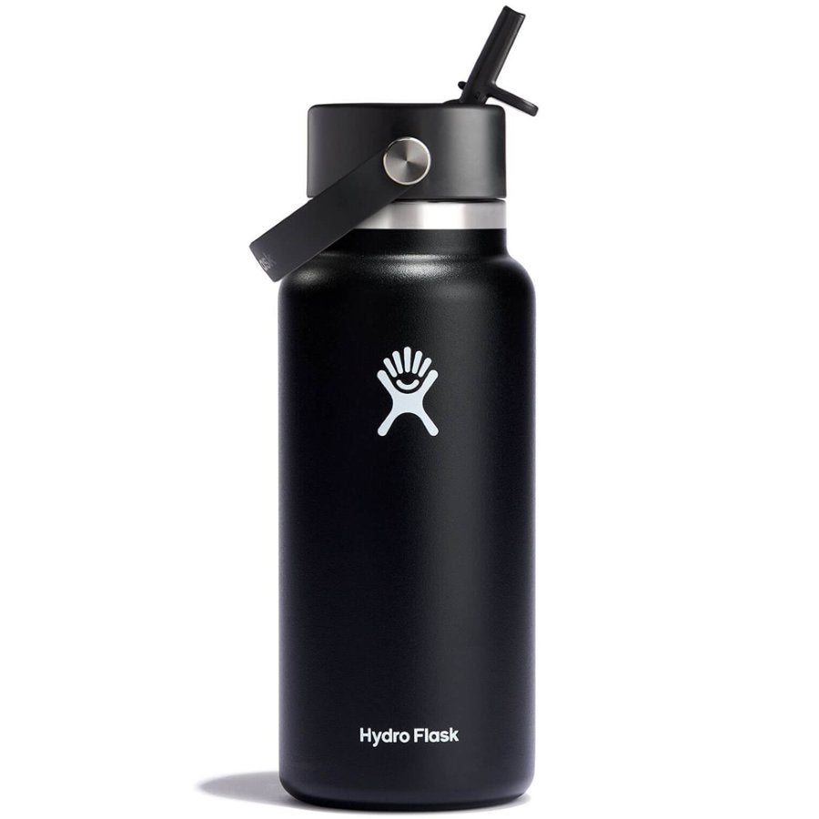 Black Hydro Flask water bottle with straw lid on a white background