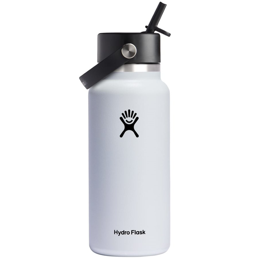 White Hydro Flask water bottle with black lid on a white background