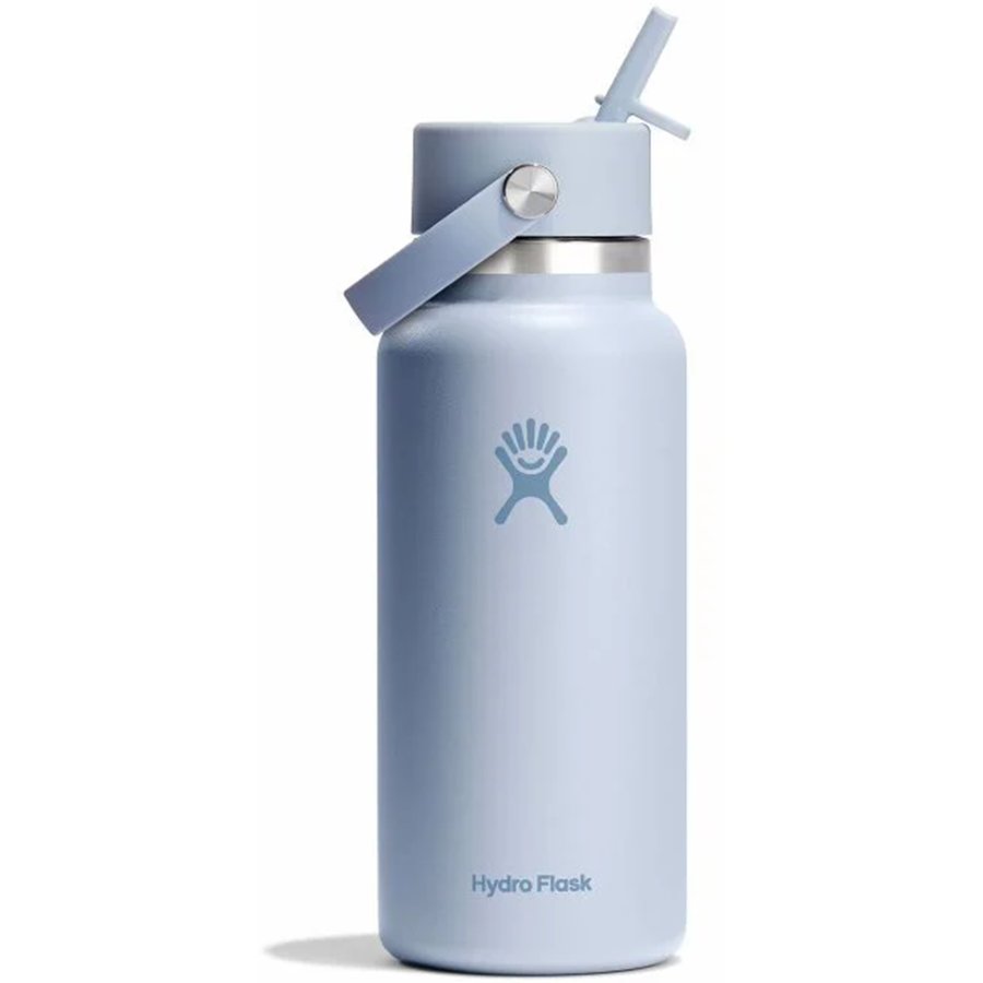 Light blue Hydro Flask water bottle with straw lid on a white background