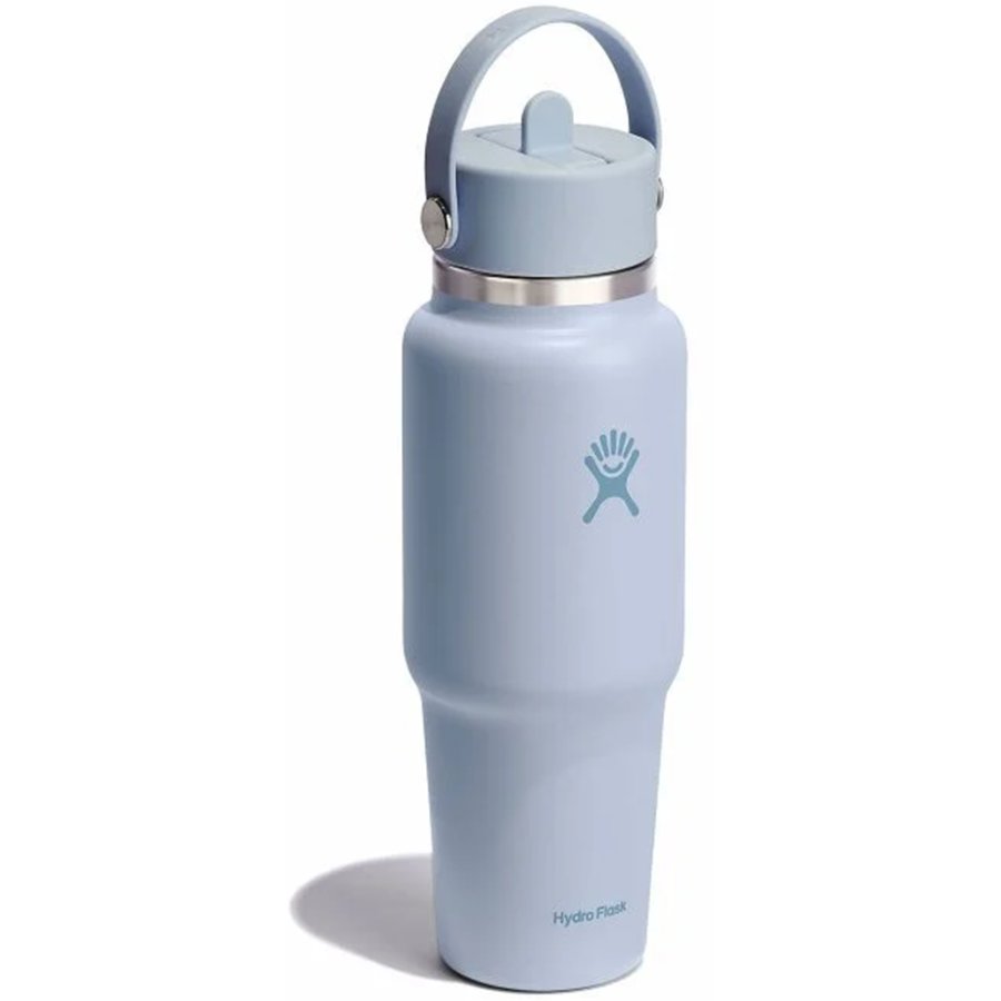 Light blue water bottle with a silver cap on a white background