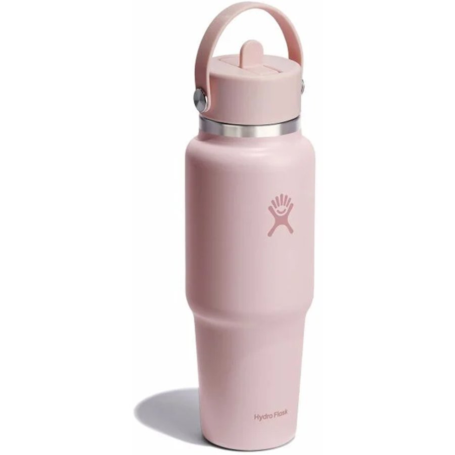 Pink water bottle with a handle on a white background