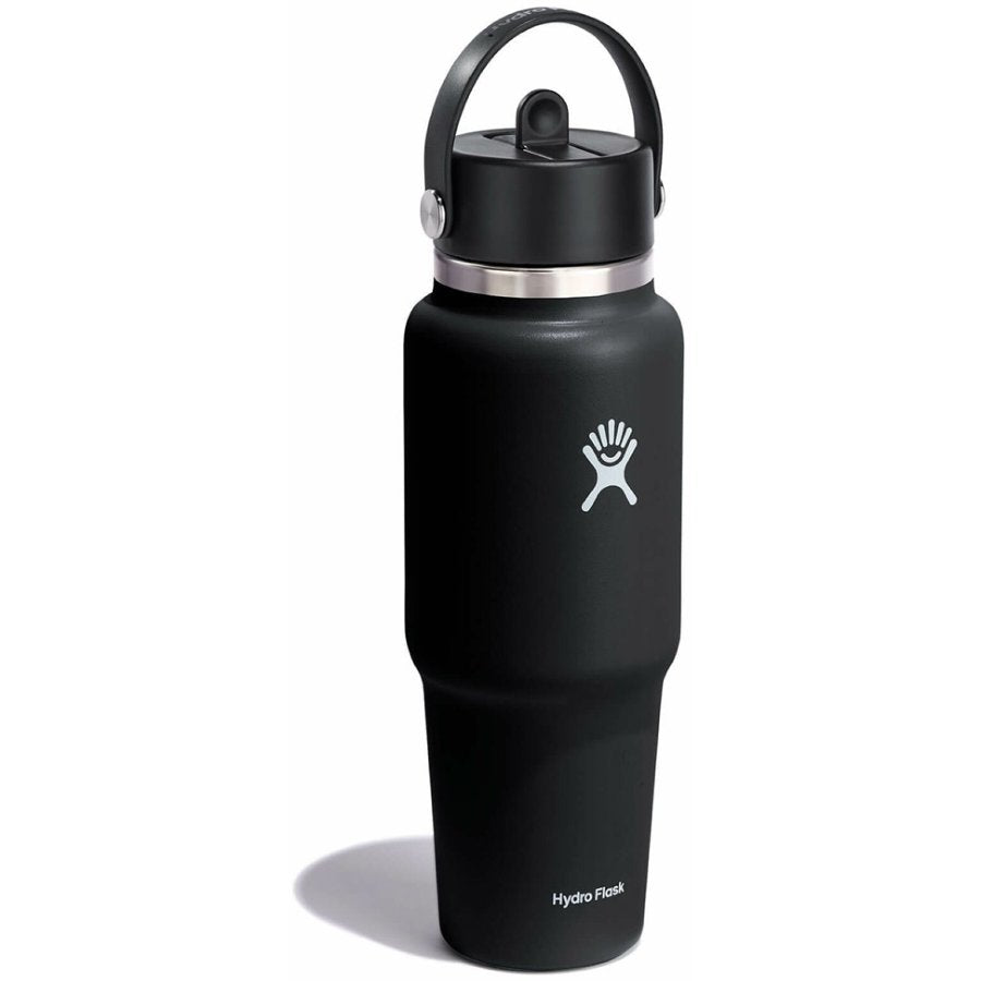Black Hydro Flask water bottle with silver lid on a white background