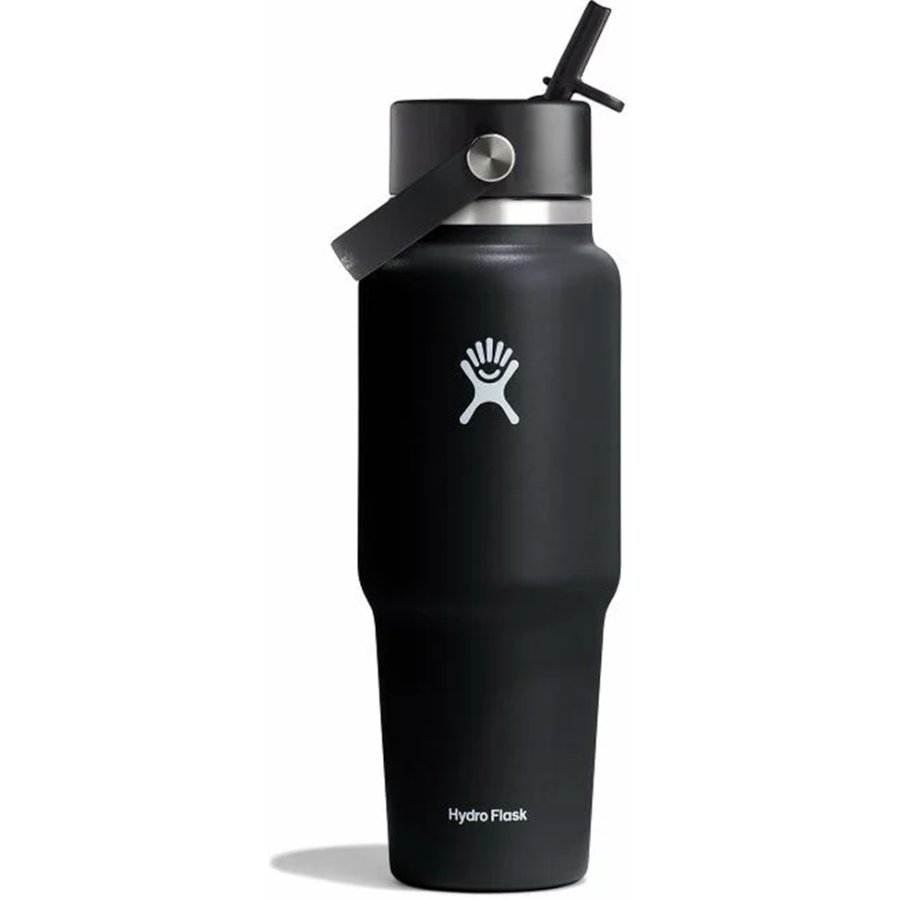 Black Hydro Flask water bottle with straw lid on a white background