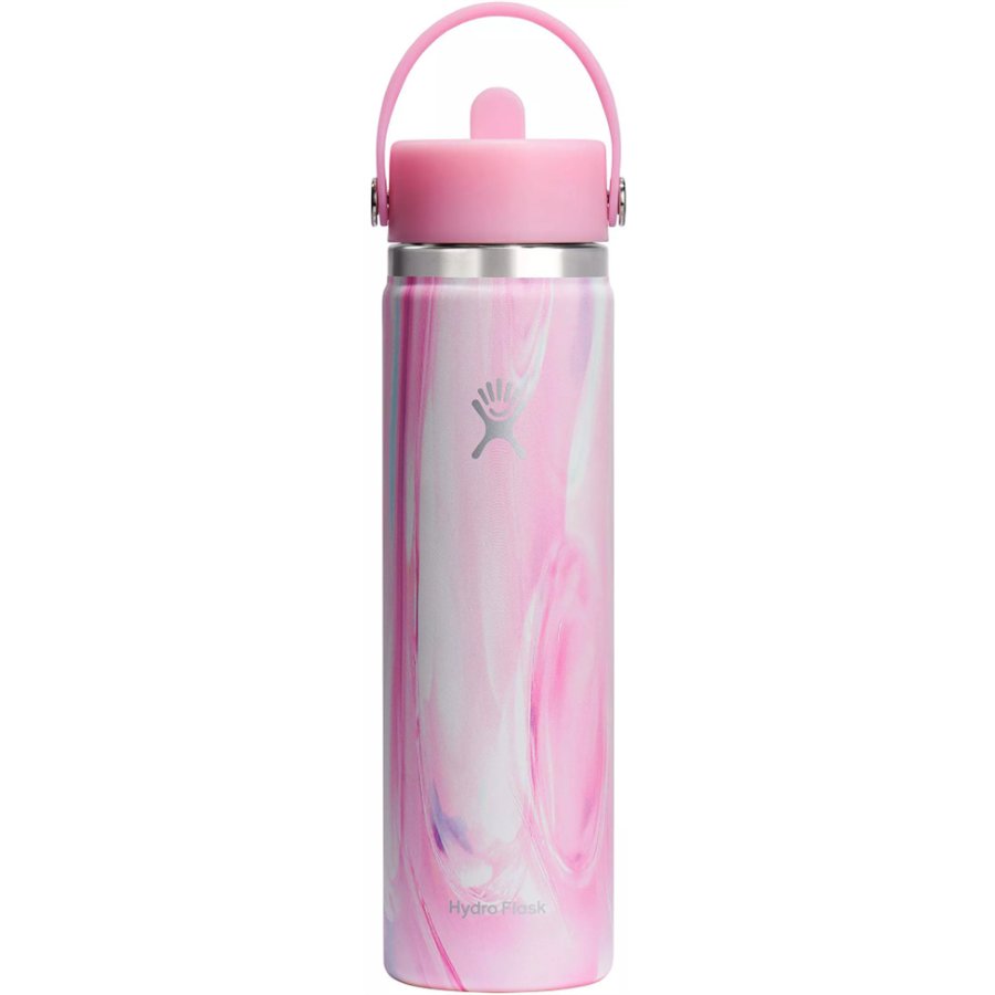 Pink marbled water bottle with a handle on a white background