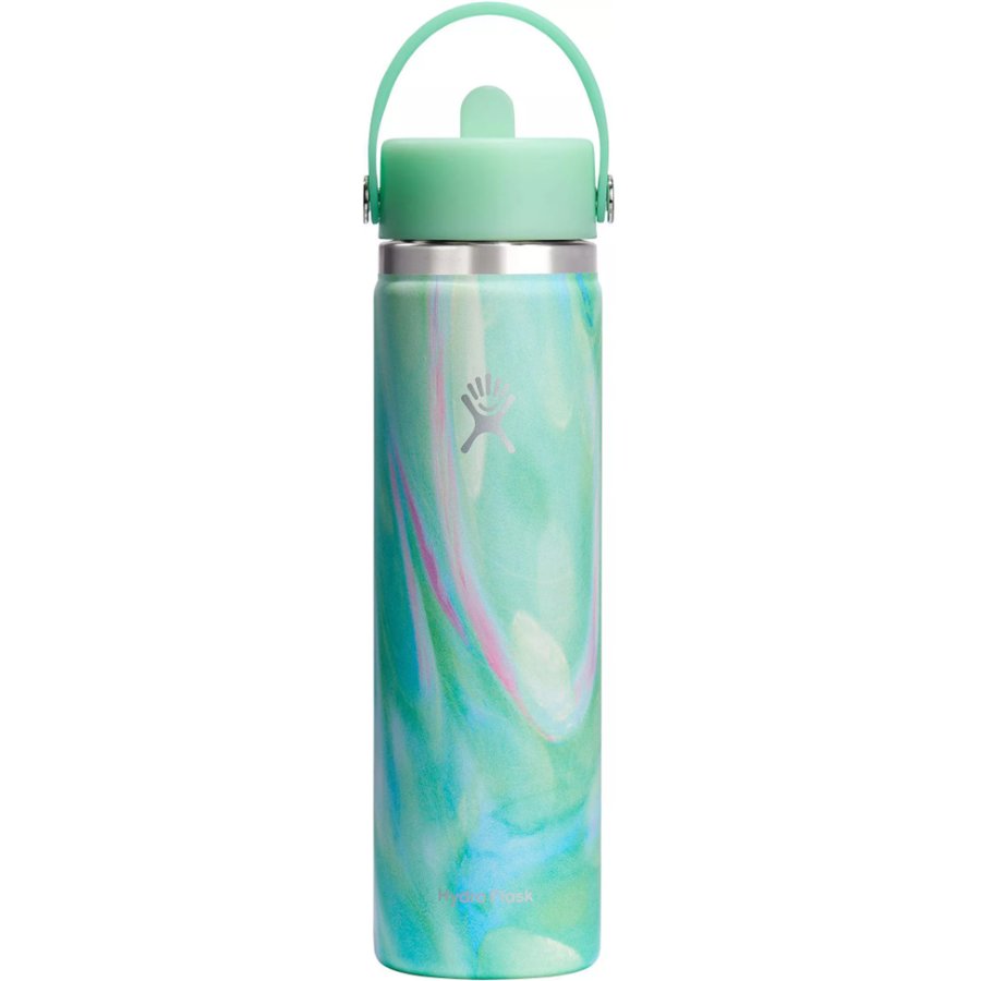 Marbled green and blue water bottle with a green lid on a white background