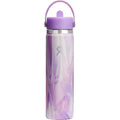 Marble-patterned water bottle with purple lid on a white background