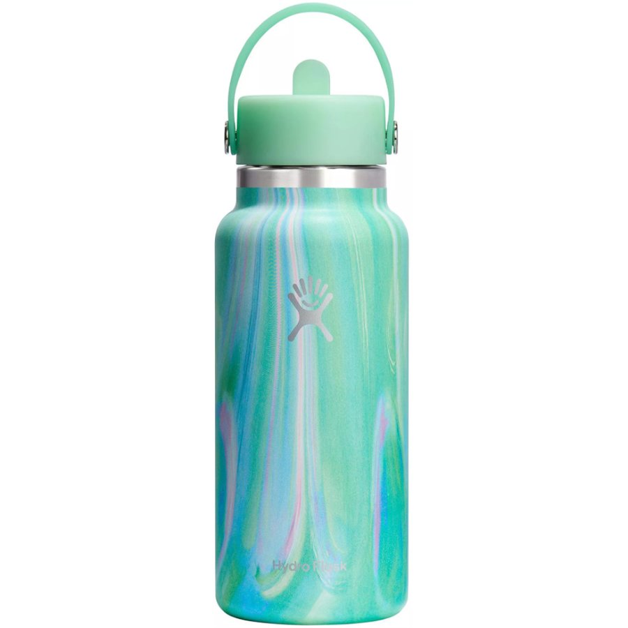 Marbled green and blue water bottle with a silver cap on a white background