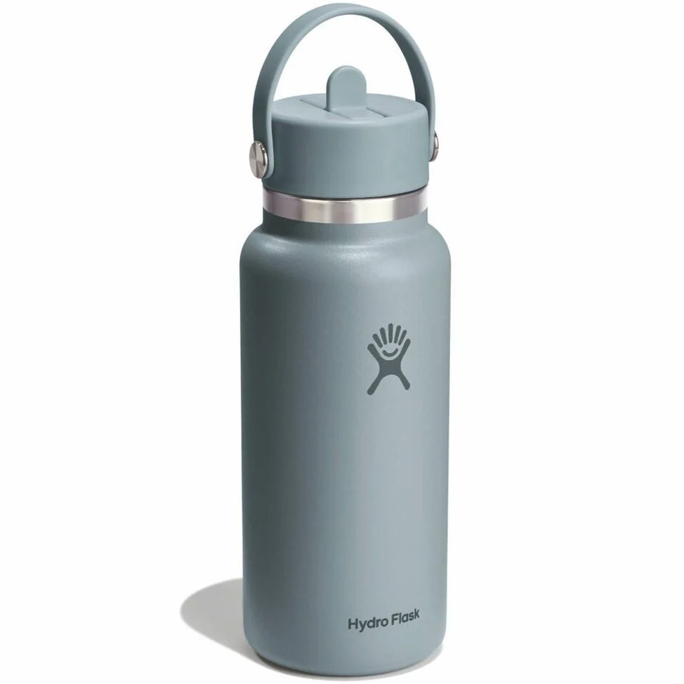 Hydro Flask water bottle with a gray lid on a white background