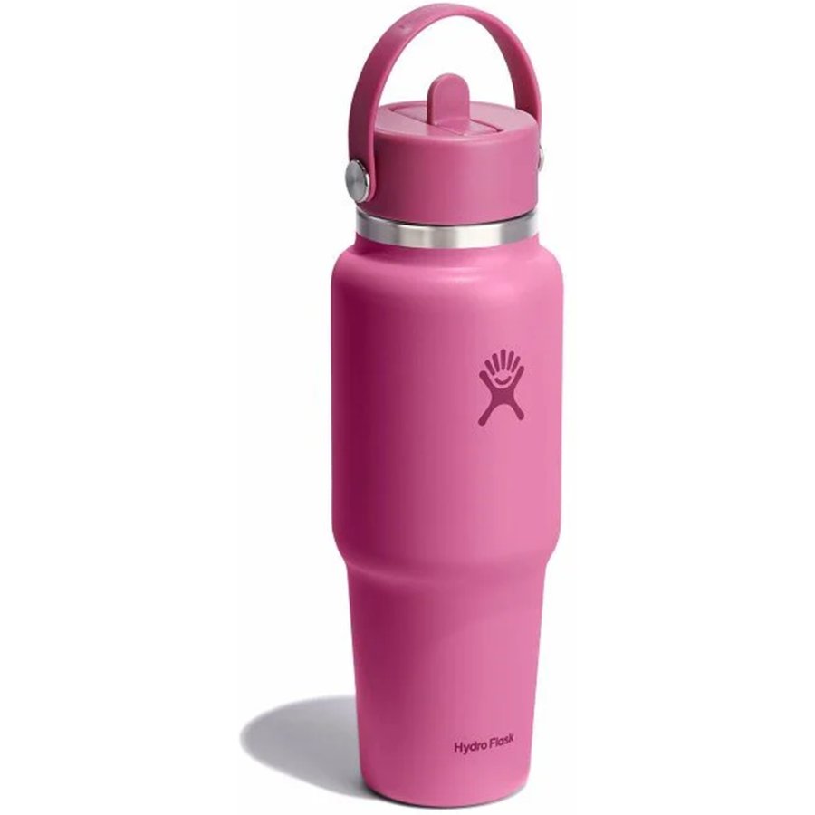 Pink water bottle with a handle on a white background
