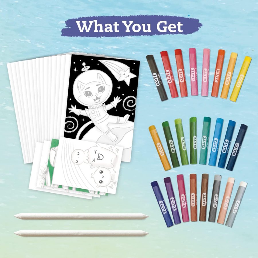 Coloring book with illustrations, markers, and a pencil on a gradient background