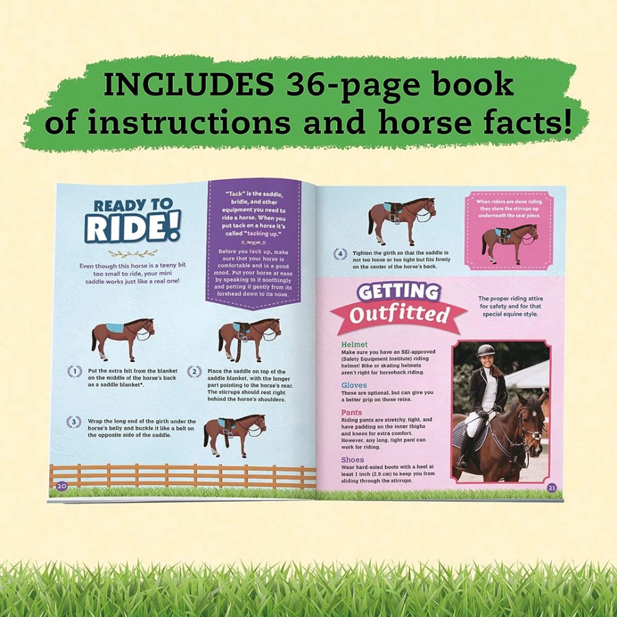 Open book showing horse-related content with text about instructions and horse facts on a grassy background.