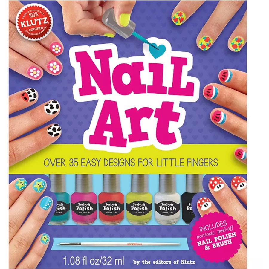 Klutz Nail Art kit packaging with colorful nail designs and polish bottles.