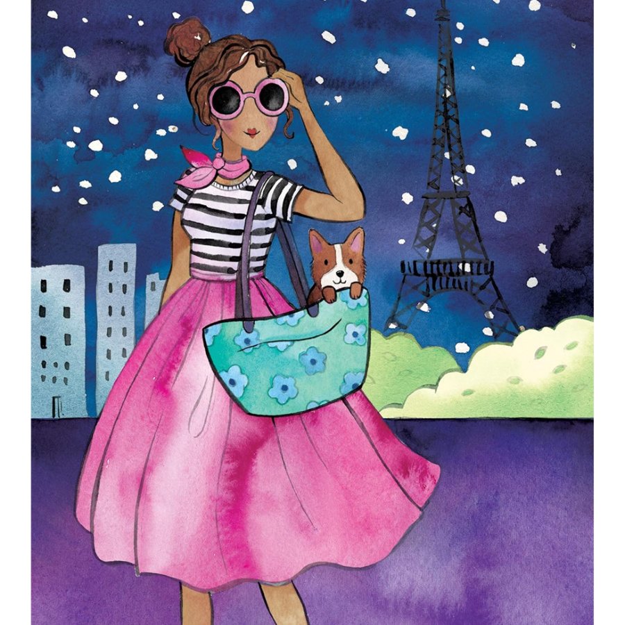 Illustration of a woman in a pink dress with a dog in a bag, Eiffel Tower in the background