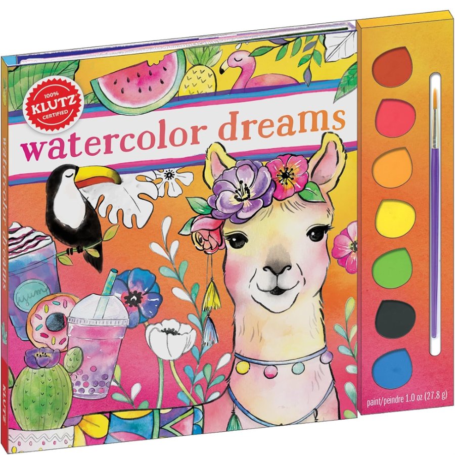 Colorful book titled 'Watercolor Dreams' with a llama illustration on the cover.
