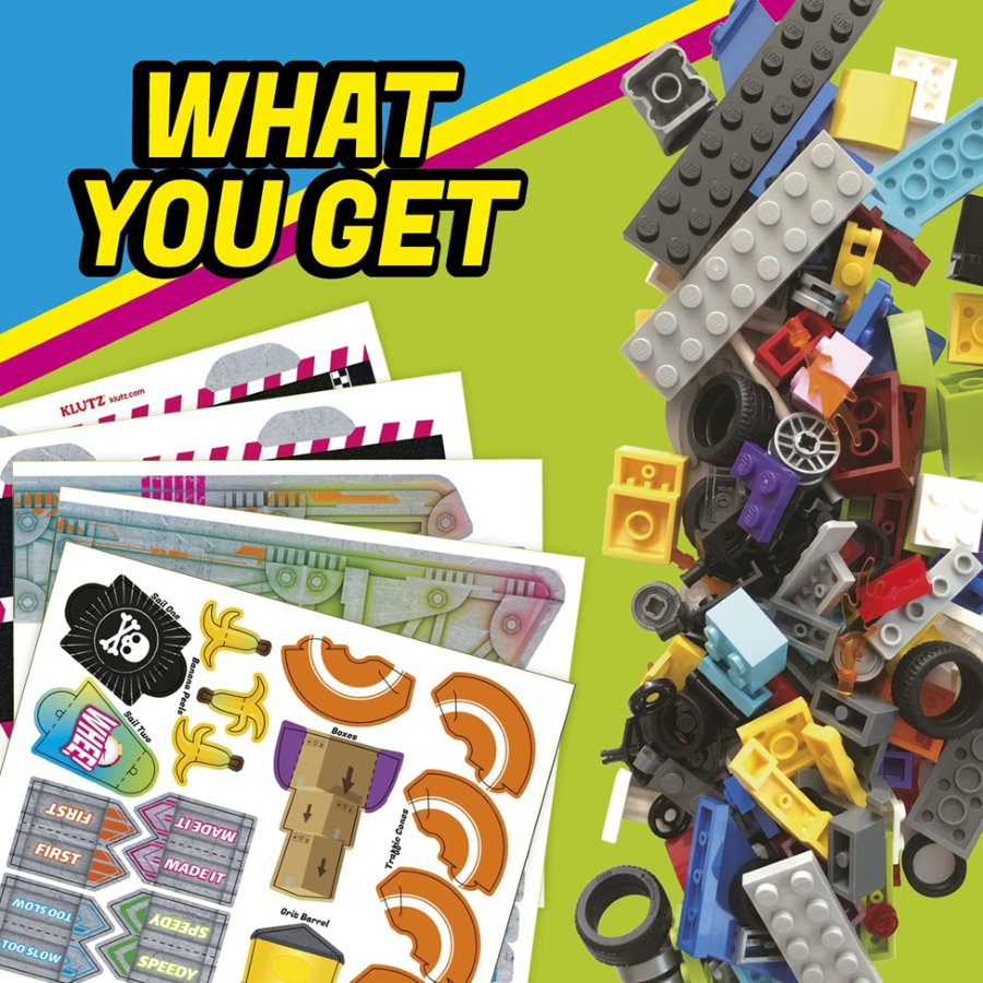 Toy building blocks and stickers with 'What You Get' text on a colorful background