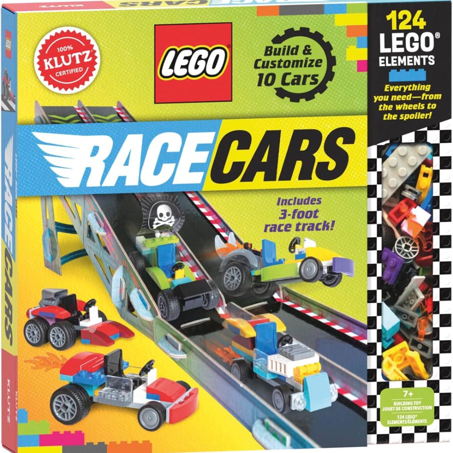LEGO race cars set packaging with colorful design and toy cars on a yellow background