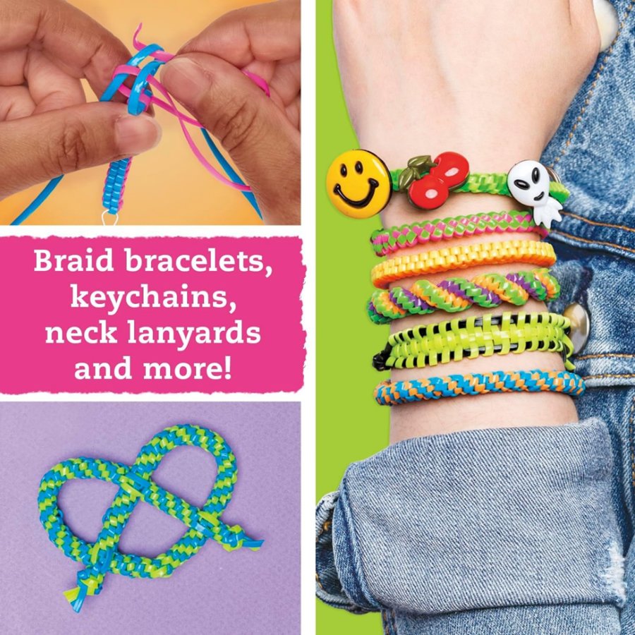 Collage of braided bracelets, keychains, and necklaces with text on a colorful background.