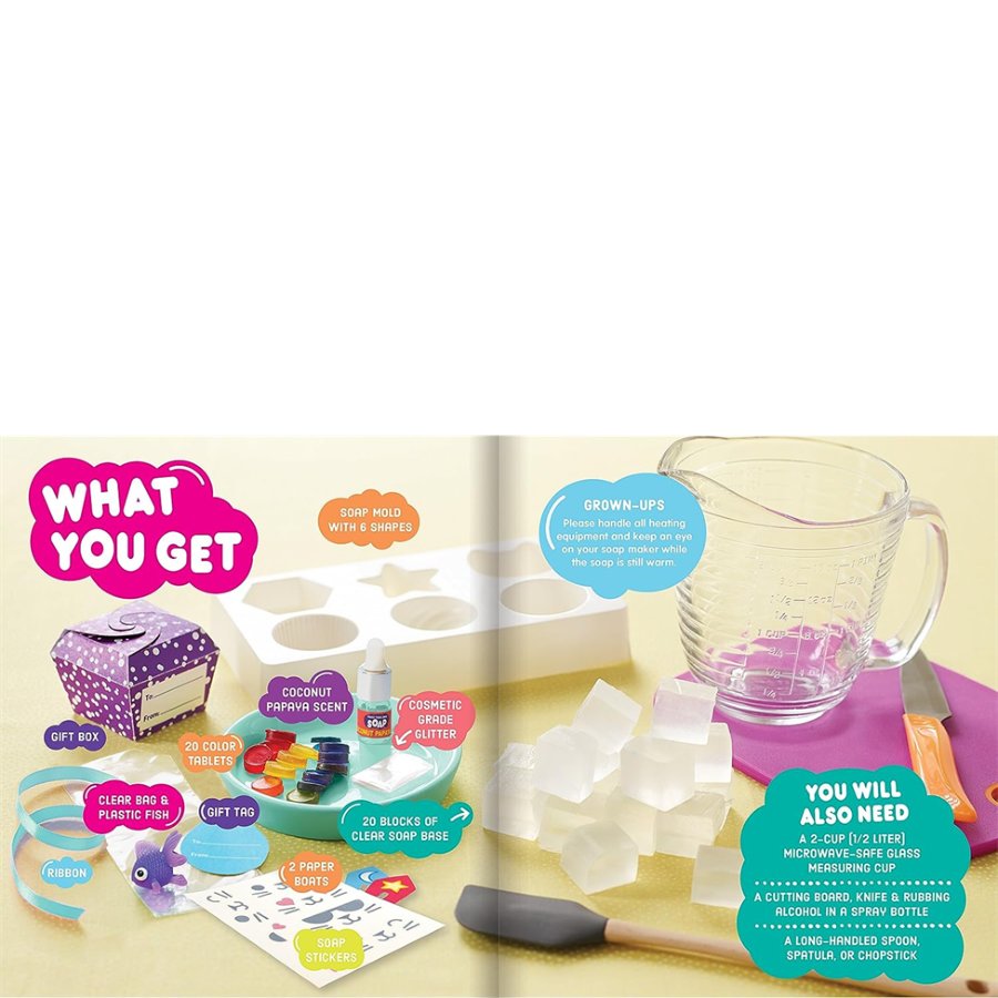 Product packaging with text 'What You Get' and images of items included, including a measuring cup and blocks.